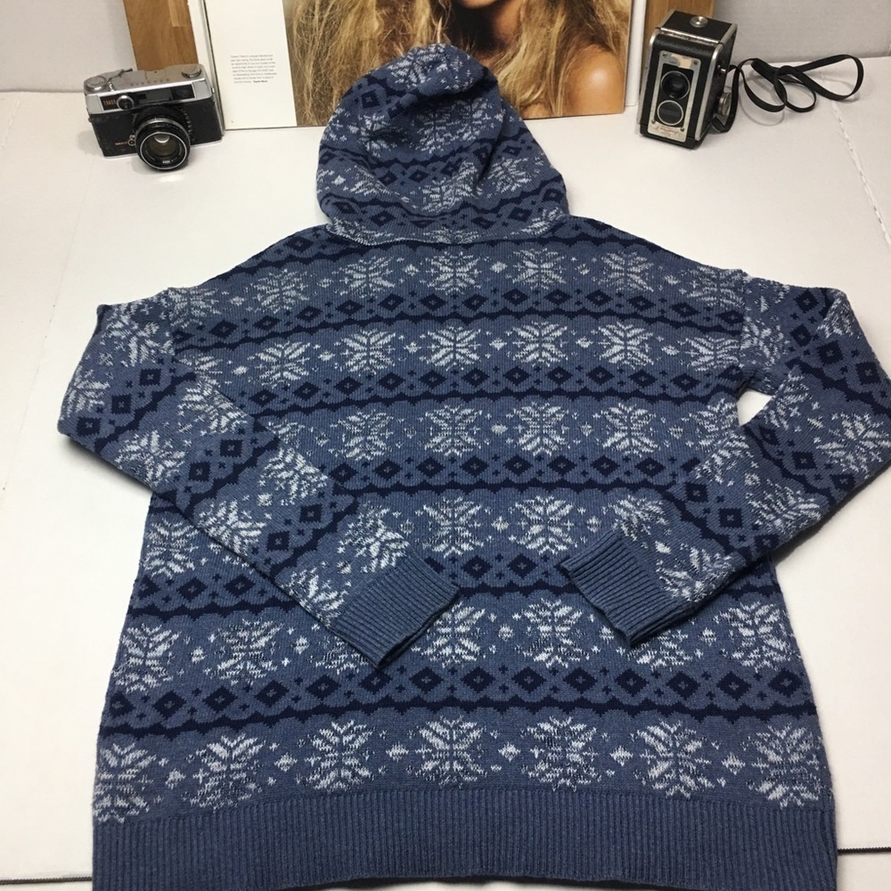 Fair Isle Nordic Hooded Sweater 100% Cotton Blue Cottagecore Cabin Core Pullover - Picture 7 of 8